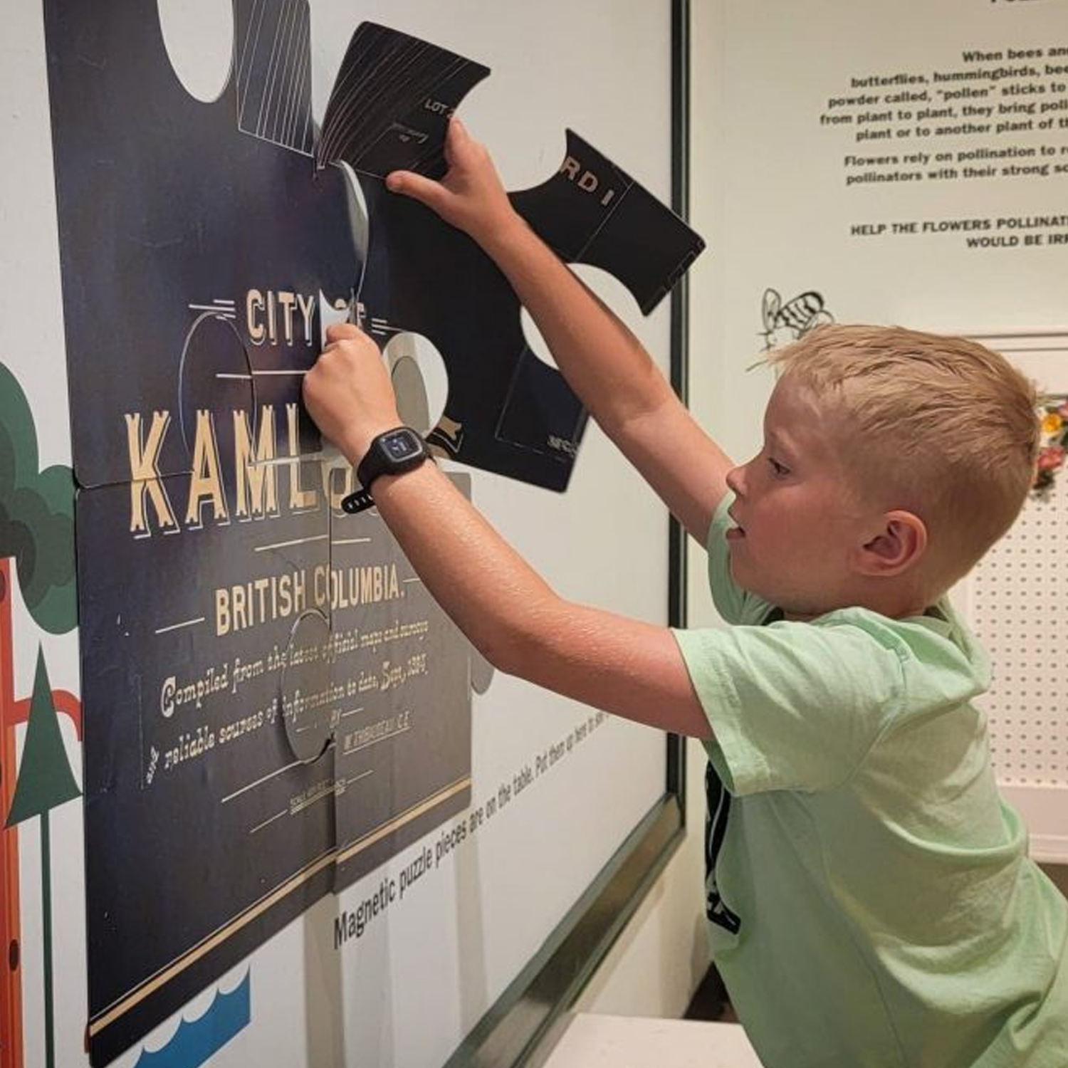 A large magnetic photo adorns the walls of the Kamloops Museum. In this space, we encourage all our guests to be loud and learn boldly. We invite you to dive into the Children's Museum, engaging with the exhibits hands-on and exploring through touch.